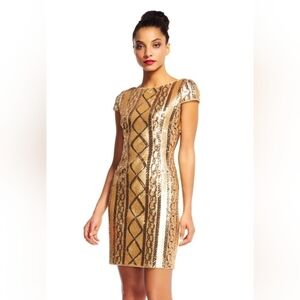 Adrianna Papell Gold Sequin Sheath Cal Sleeve Cocktail Dress Sz 4